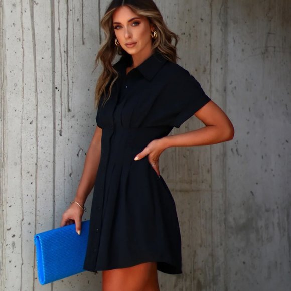 Ginnie Pintuck Button Down Shirt Dress - Black × 1 - Picture 9 of 11